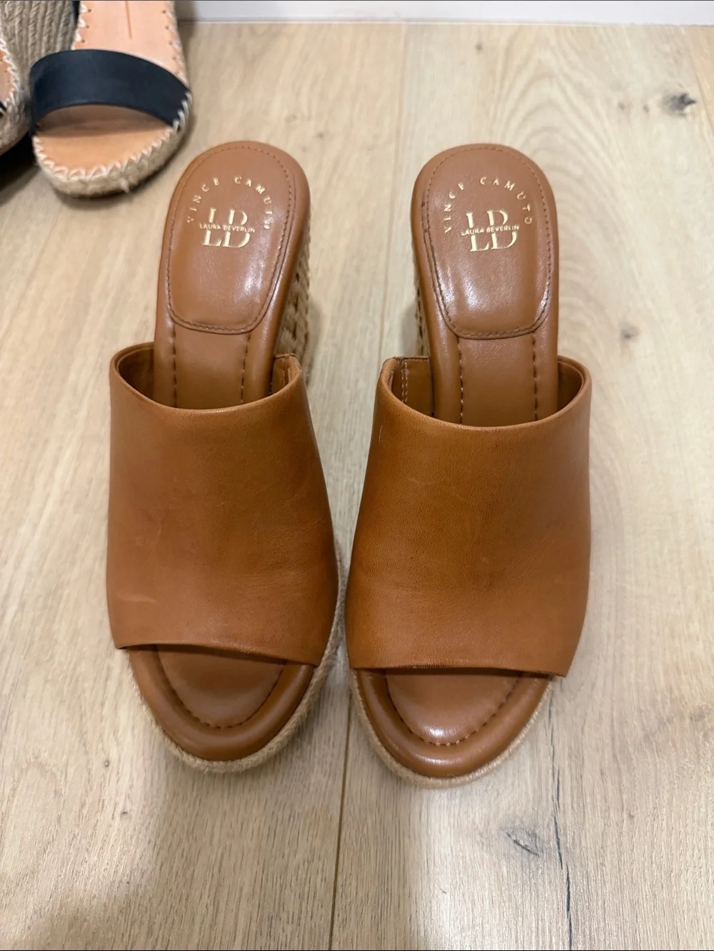Vince Camuto Cognac Leather Wedge Slide Sandals